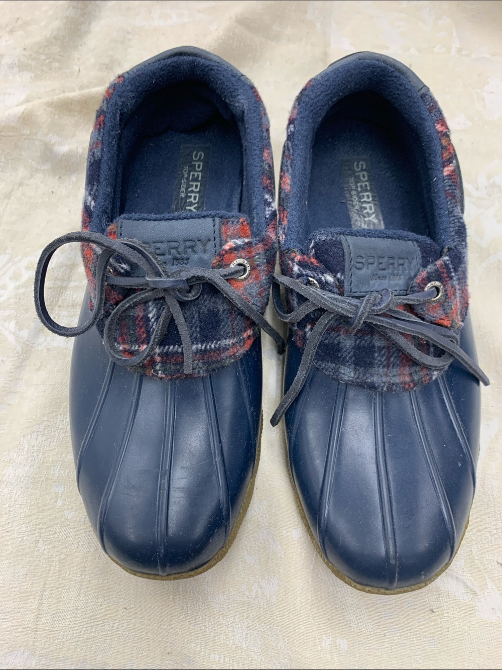 Sperry Navy Plaid Trim Duck Shoes